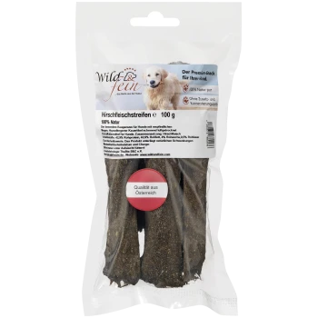 Friandises pour chiens dans un emballage transparent présentant un golden retriever, étiqueté "Hirschfleischstreifen 100 g," 100 % naturel, sans additifs.
