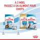 Image de produits alimentaires pour chiens Royal Canin, présentant les formules "Starter" et "Puppy", avec un texte conseillant de passer à la nourriture pour chiots à 2 mois.