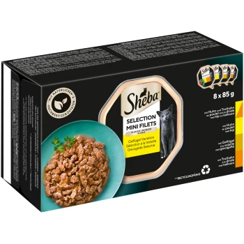Selection Mini Filets Nassfutter Katze Adult, Mixpaket, Geflügel Variation, in Sauce 8x85 g Sheba Selection Mini Filets Katzenfutterpackung, mit 8 x 85g Portionen, mit einem Foto von zartem Fleisch in Sauce und einer grauen Katze.