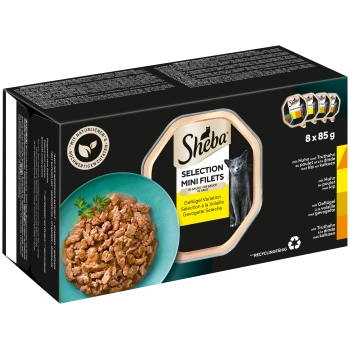 Sheba Selection Mini Filets Katzenfutterpackung, mit 8 x 85g Portionen, mit einem Foto von zartem Fleisch in Sauce und einer grauen Katze.