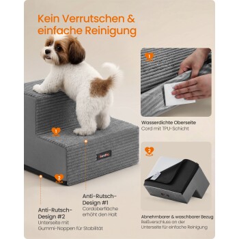 Kleiner weiß-brauner Hund auf einer grauen, rutschfesten Haustiertreppe mit Cord-Oberfläche und waschbarem Bezug. Sichtbarer Text: 'Kein Verrutschen'.