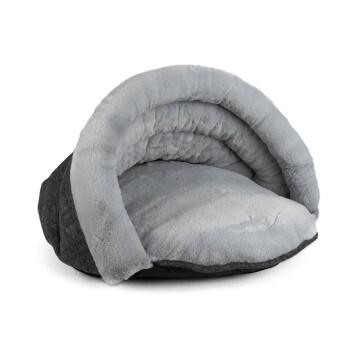 Gemütliches Haustierbett mit einem weichen, plüschigen grauen Innenraum und einem dunkelgrauen Außenbereich, entworfen für kleine Tiere zum Einkuscheln.