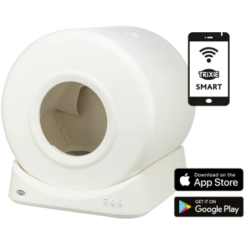 Weiße Trixie Smart automatische Katzentoilette mit App-Steuerung, gezeigt mit App Store- und Google Play-Download-Symbolen.
