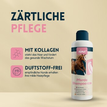 Pferdeshampoo-Flasche mit Text, der "Zärtliche Pflege," "Mit Kollagen," und "Duftstoff-frei" hervorhebt, mit Bildern von Pferden.