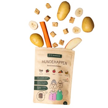 Tüte Hundehappen Hundesnacks mit Kartoffeln, Karotte, Apfelscheibe, Bananenscheiben und Snackwürfeln, die darüber schweben, beschriftet für Senioren.