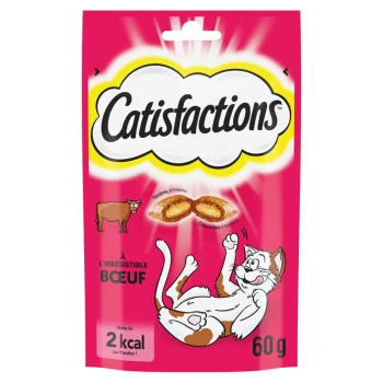 Emballage de friandises pour chats de la marque "Catifications", avec un fond rose, montrant un chat joueur et des friandises au goût de boeuf.