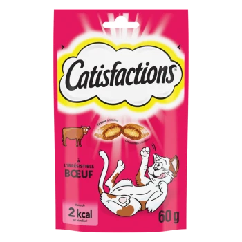 Emballage de friandises pour chats de la marque "Catifications", avec un fond rose, montrant un chat joueur et des friandises au goût de boeuf.