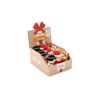 Box of Beeztees Christmas-themed cat toys including snowmen, Santas, and reindeer with wobbling effect, labeled "Cat toys".