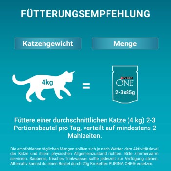 Fütterungsempfehlung für Katzen: 4 kg Katze = 2-3 Portionsbeutel PURINA ONE (85g) pro Tag, auf mindestens 2 Mahlzeiten verteilt.