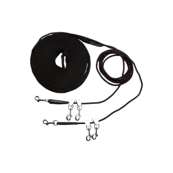 Schwarze Haustiertrainingsleine, aufgerollt mit zwei Clips an jedem Ende, für den Außeneinsatz konzipiert.