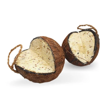 Zwei herzförmige Kokosnussschalen-Haustierspielzeuge mit einem Naturfaseräußeren und einem strukturierten, beigen Inneren.