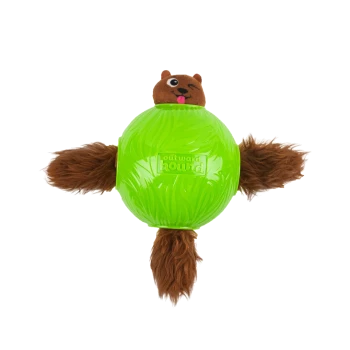 Ein leuchtend grünes Hundespielzeug in Form eines runden Balls mit einem plüschigen Biberkopf und felligen braunen Schwänzen, mit dem Text "outward hound."