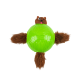 Ein leuchtend grünes Hundespielzeug in Form eines runden Balls mit einem plüschigen Biberkopf und felligen braunen Schwänzen, mit dem Text "outward hound."