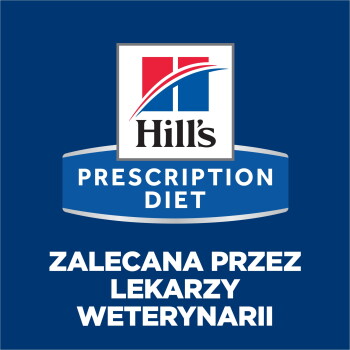 Logo Hill's Prescription Diet sur fond bleu avec le texte polonais « RECOMMANDÉ PAR LES VÉTÉRINAIRES ».