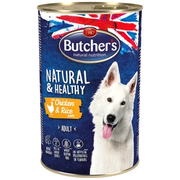 Karma dla psów w puszce oznaczona "Butcher's Natural Nutrition" z białym psem, stwierdzająca "Natural & Healthy Chicken & Rice Pate" dla dorosłych.