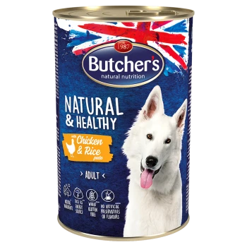 Karma dla psów w puszce oznaczona "Butcher's Natural Nutrition" z białym psem, stwierdzająca "Natural & Healthy Chicken & Rice Pate" dla dorosłych.