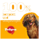 Eine Nahaufnahme eines Hundes mit verschwommenem Gesicht vor einem leuchtend orangefarbenen Hintergrund, mit dem Text "100% komplett und ausgewogen" und dem Pedigree-Logo.
