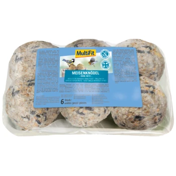 Boules de nourriture pour oiseaux MultiFit Meisenknödel, six pièces dans un plateau en plastique transparent, avec une étiquette bleue comportant des images d'oiseaux et des détails sur le produit.