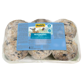 MultiFit Meisenknödel bird food balls, six pieces in a clear plastic tray, featuring a blue label with images of birds and product details.