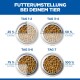 Vier Kibbleschalen zeigen einen Umstellungsplan: TAG 1-2 25%, TAG 3-4 50%, TAG 5-6 75%, TAG 7 100% (Überschrift „Futterumstellung bei deinem Tier“)