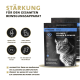 Tierpflege-Ergänzung für Katzen, mit einer grauen Katze auf der Verpackung, mit Text, der Gelenkunterstützung und Mobilitätsvorteilen hervorhebt.