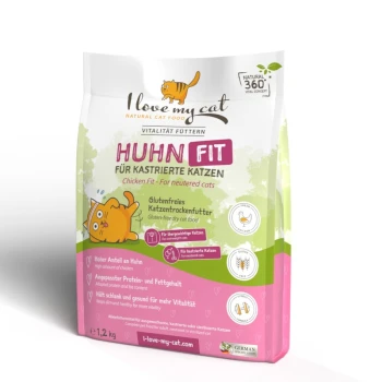 Beutel mit "Ich liebe meine Katze" natürlichem Katzenfutter mit der Aufschrift "Huhn Fit für kastrierte Katzen", glutenfrei, 1,2 kg.
