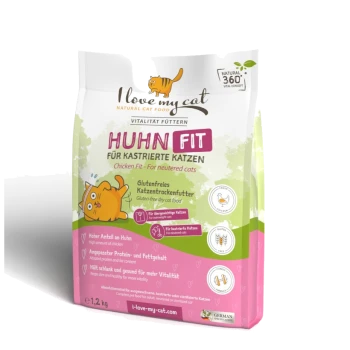 Beutel mit "Ich liebe meine Katze" natürlichem Katzenfutter mit der Aufschrift "Huhn Fit für kastrierte Katzen", glutenfrei, 1,2 kg.