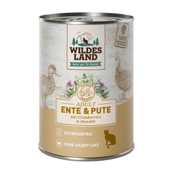 Blik kattenvoer gelabeld 'WILDES LAND' met eend en kalkoen, met veenbessen en distillaatolie, 68% vleesinhoud, graanvrij.