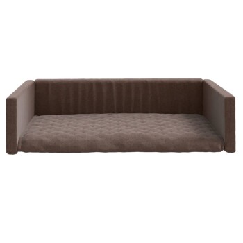 Braunes Haustiersofa mit einem gesteppten Kissen und erhöhten Seiten, entworfen für Komfort und Stil in einem Online-Haustiergeschäft.