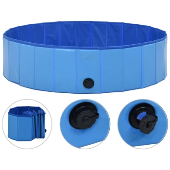 Hunde-Pool blau 1,2 m, 30 cm Runder blauer Haustierpool mit einem zusammenklappbaren Design, ausgestattet mit einem Entwässerungsventil und Bildern seines gefalteten Zustands.
