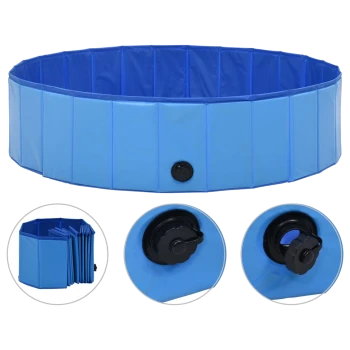 Runder blauer Haustierpool mit einem zusammenklappbaren Design, ausgestattet mit einem Entwässerungsventil und Bildern seines gefalteten Zustands.