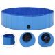 Runder blauer Haustierpool mit einem zusammenklappbaren Design, ausgestattet mit einem Entwässerungsventil und Bildern seines gefalteten Zustands.