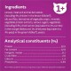 Ingredients list for cat food: cereals, meat, animal derivatives, and analytical constituents for protein, fat, and minerals.
