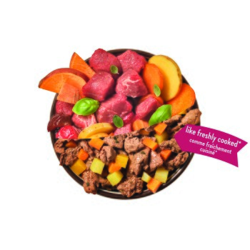 Blick von oben auf eine Schale Tierfutter mit rohem rotem Fleisch, gekochtem Fleisch, Karotten, Kartoffeln und Basilikum; Etikett „wie frisch gekocht*“