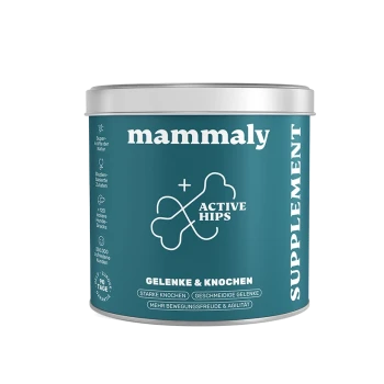 Türkisfarbene Ergänzungsdose mit Aufschrift 'mammaly', Knochen-Logo 'ACTIVE HIPS', 'GELENKE & KNOCHEN' und vertikalem Schriftzug 'SUPPLEMENT'.