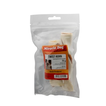 Klarer wiederverschließbarer Beutel mit Miracle Dog Snacks Twist Huhn 70g Hundeleckerlis mit Bild eines Hundes auf dem Etikett.