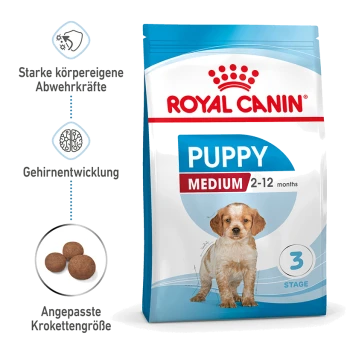 Royal Canin Puppy Medium Hundefutterbeutel, geeignet für Welpen im Alter von 2-12 Monaten, mit Symbolen für Immununterstützung, Gehirnentwicklung und Kibble-Größe.
