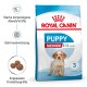 Royal Canin Puppy Medium Hundefutterbeutel, geeignet für Welpen im Alter von 2-12 Monaten, mit Symbolen für Immununterstützung, Gehirnentwicklung und Kibble-Größe.