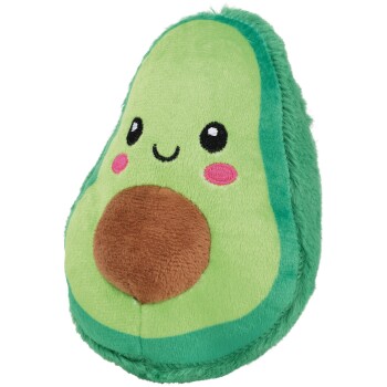 Grünes Plüsch-Avocado-Spielzeug mit aufgesticktem lächelnden Gesicht, rosa Wangen und braunem Plüschkern