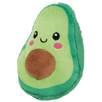 Grünes Plüsch-Avocado-Spielzeug mit aufgesticktem lächelnden Gesicht, rosa Wangen und braunem Plüschkern