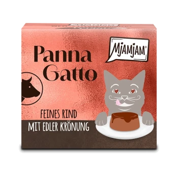 Panna Gatto Katzenfutterbox, Mjamjam‑Logo, graue Katze mit Teller Rindfleischpudding; Text 'Feines Rind mit edler Krönung'.