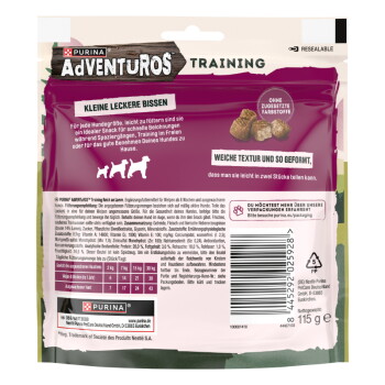 Rückseite eines AdVENTuROS Training-Hundesnack-Beutels, lila mit Hundesilhouetten und Bild des Snacks, Text 'AdVENTuROS', 115 g.