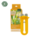 Gelbes Wachsdraht-Spannwerkzeug, das vor einer bunten Verpackung mit Blumen und einer Biene präsentiert wird, beschriftet mit "WABENDRAHT-SPANNER."