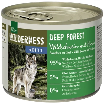 WILDERNESS Adult Deep Forest, Wildschwein mit Hirsch 6x200 g Dosen-Hundefutter "Wilderness Deep Forest" mit Wildschwein, Reh, Wolf-Bild; 95% Fleisch, 5% Früchte/Kräuter, 0% Getreide.