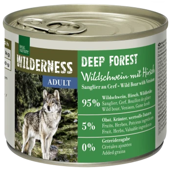 Dosen-Hundefutter "Wilderness Deep Forest" mit Wildschwein, Reh, Wolf-Bild; 95% Fleisch, 5% Früchte/Kräuter, 0% Getreide.