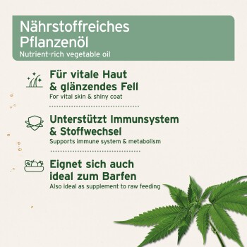 Nährstoffreiches Pflanzenöl für Haustiere, das die Vitalität der Haut, ein glänzendes Fell, die Immununterstützung fördert und für die Rohfütterung geeignet ist.