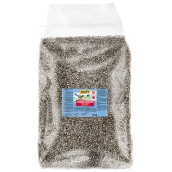 Eine transparente Tüte mit Sonnenblumenkernen, beschriftet mit "Multifit Sonnenblumenkerne", 10kg schwer, mit detaillierten Produktinformationen.