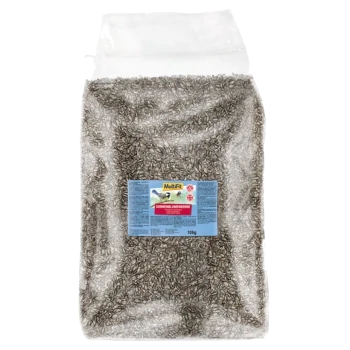 Eine transparente Tüte mit Sonnenblumenkernen, beschriftet mit "Multifit Sonnenblumenkerne", 10kg schwer, mit detaillierten Produktinformationen.