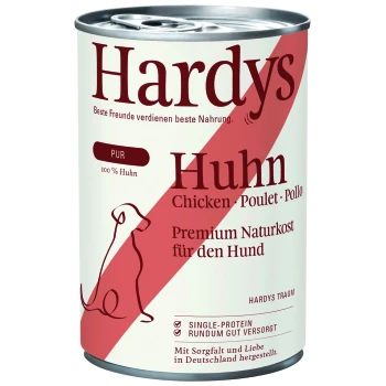 Dose mit Hardys Hundefutter, die "Huhn" auf Deutsch zeigt, als 100% Huhn gekennzeichnet, mit Text, der hochwertige Ernährung für Hunde bewirbt.