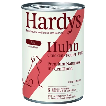 Puszka karmy dla psów Hardys z napisem "Huhn" (kurczak) po niemiecku, oznaczona jako 100% kurczak, z tekstem promującym premium żywienie dla psów.